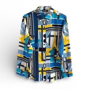 NWT Karl Lagerfeld Paris LS monogram logo blouse blue yellow geometric pattern S